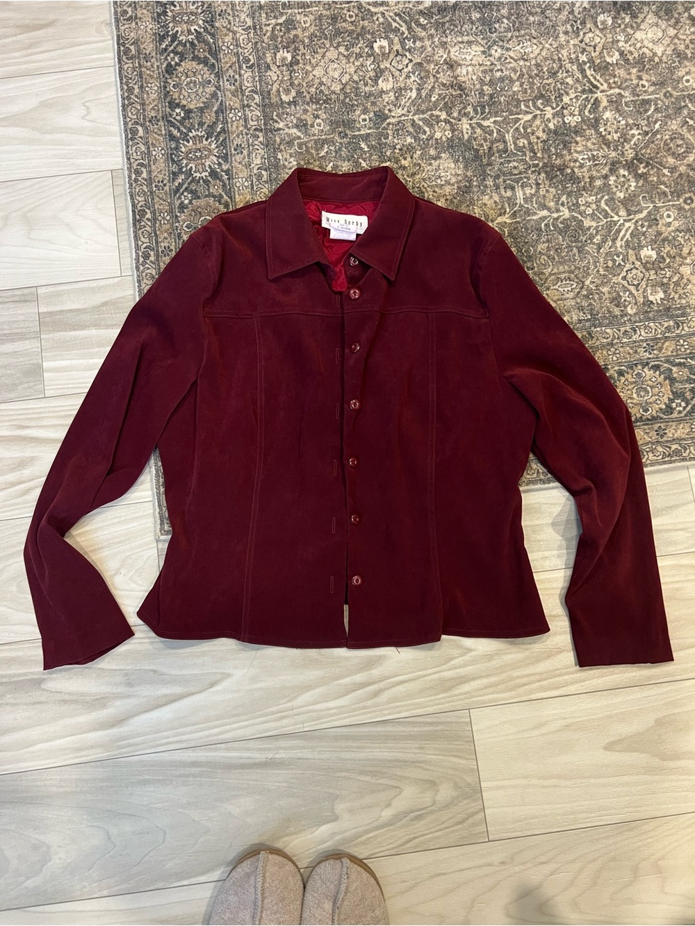 Jones New York Women's Burgundy Button-Front Suede Shirt